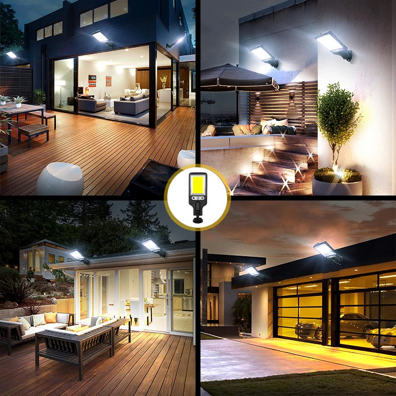 Luzes solares impermeáveis com sensor de movimento, iluminação de segurança exterior, lâmpada LED Wall Street para jardim, modo 3, 108 COB, 117COB, 1-4PCs