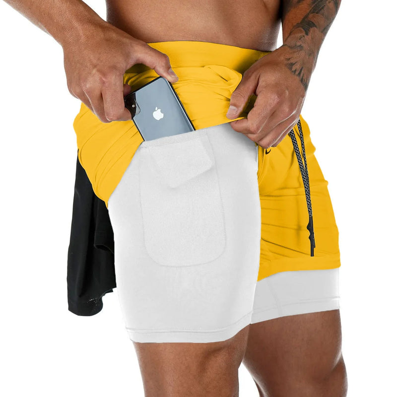Calção para treino masculina de dupla camada, cordão, forro de malha, elástico na cintura, respirável, secagem rápida para piscina de praia, verão