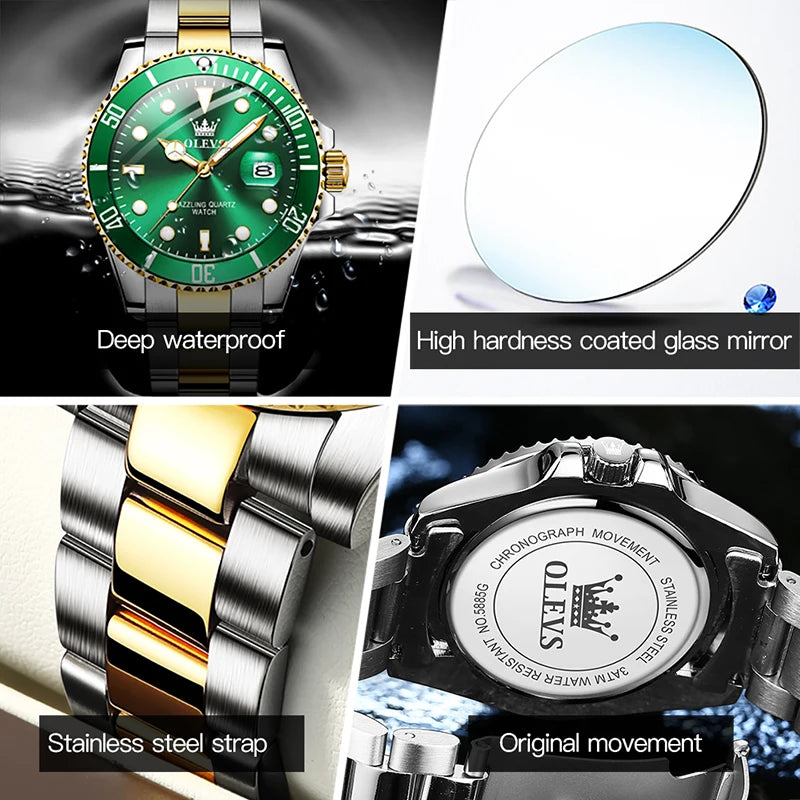 Relógio - OLEVS-homens de quartzo de aço inoxidável, impermeável, luminoso, grande Dial, relógios de pulso, esportes, luxo, negócios, Top Brand